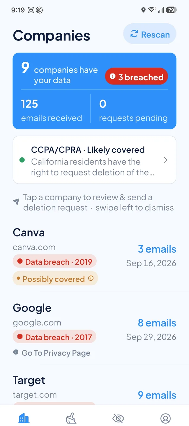 DataTrail Companies screen showing 9 companies with your data, 3 with known breaches, and email counts for each